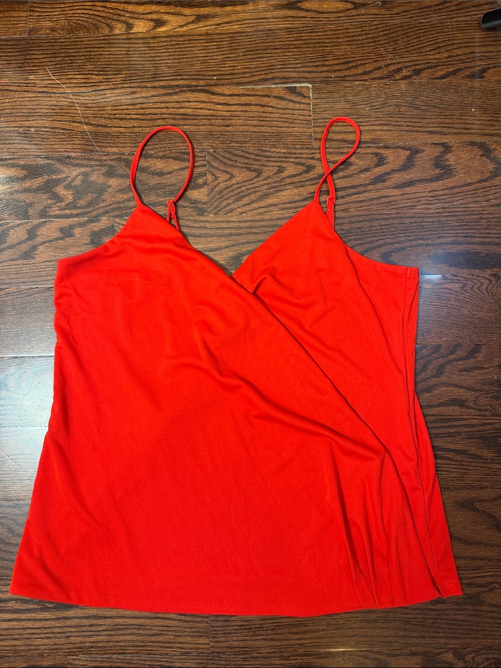 vibrant red wrap-front camisole features adjustable spaghetti straps M